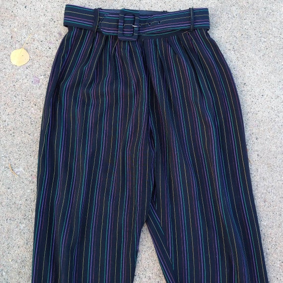 1980's HIGH WAISTED PANTS striped rayon with belt… - image 7