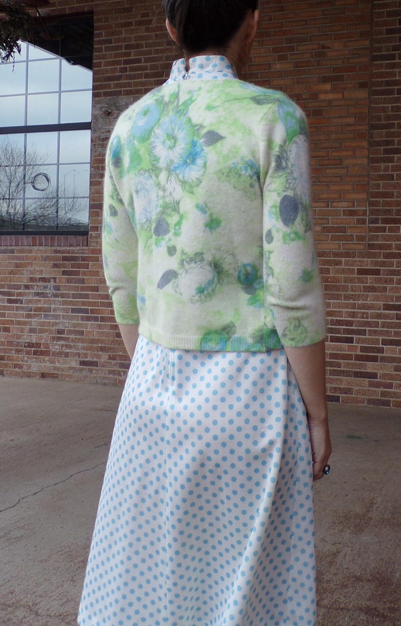 AQUA BLUE polka dot mod DRESS pussy bow neck tie M B1