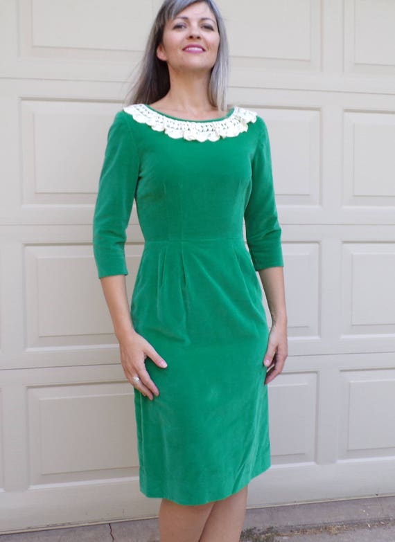 TEAL GREEN VELVET 1960's sheath dress 60's xs S (F