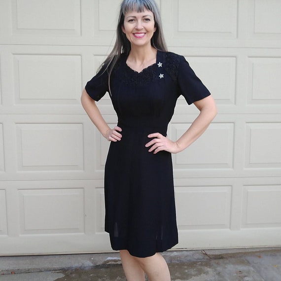 1950s 1960s BLACK KERRYBROOKE DRESS M (A8)