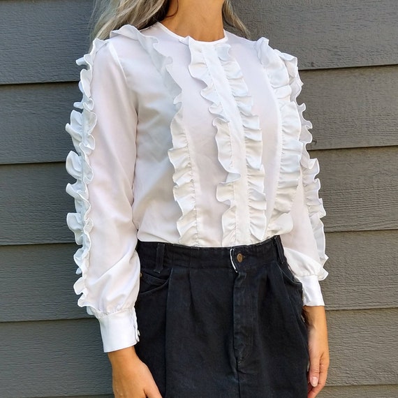 1980's WHITE RUFFLED BLOUSE 80's S (B5) - Gem