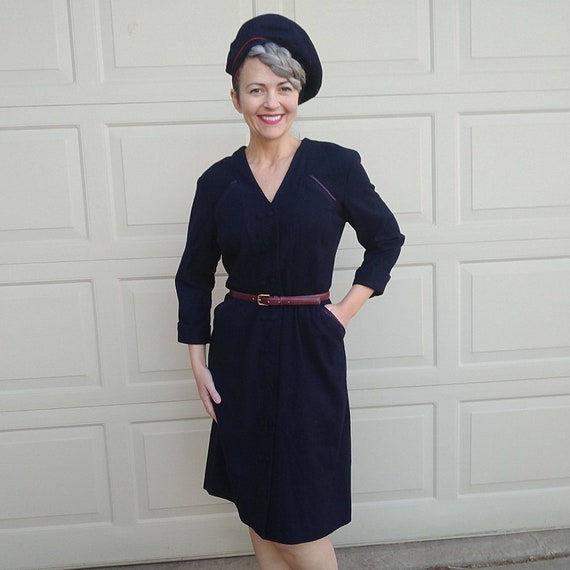 NAVY WOOL 50's button-front DRESS L xl (K10)