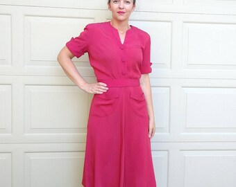 DEEP CORAL 1940's DRESS 40's faille M (G8)