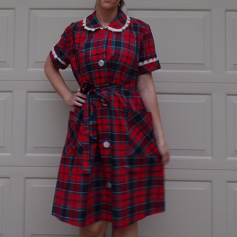 B9 RED PLAID maternity DRESS 1950/'s 1960/'s Peter Pan collar S