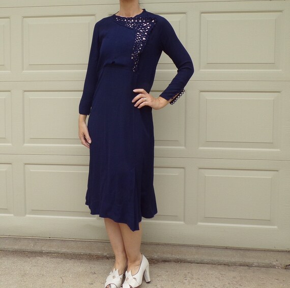 1930's NAVY BLUE CREPE dress 30's S xs (D10)