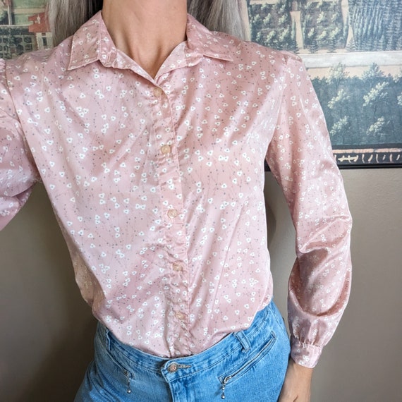 1980's pink SILKY FLORAL BLOUSE 80's S (O3) - image 2