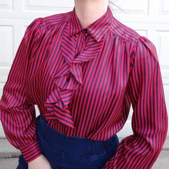 STRIPED RUFFLE BLOUSE vintage 1980's 80's S (E6) - image 3