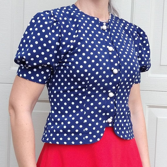 BLUE and WHITE POLKADOT 1980's blouse S (G12) - image 2