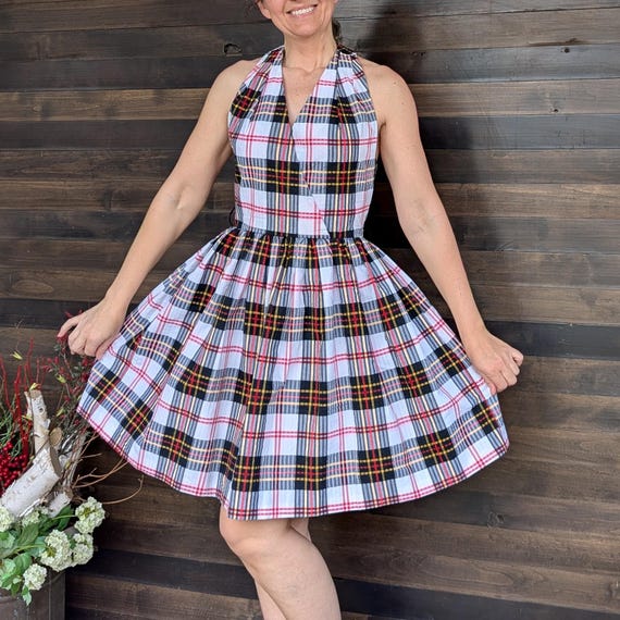 checkered halter dress vintage PLAID toni todd S (B1) newyear