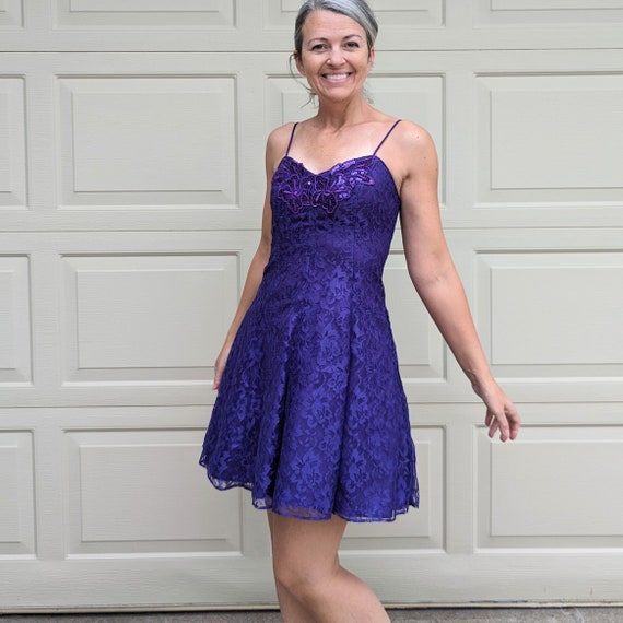 PURPLE PARTY DRESS fit n flare mini 1980's S (O3) - image 1