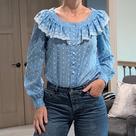 Vintage Pierre Balmain Black Ruffle Blouse, Embroidered Cottagecore Top M main image 1