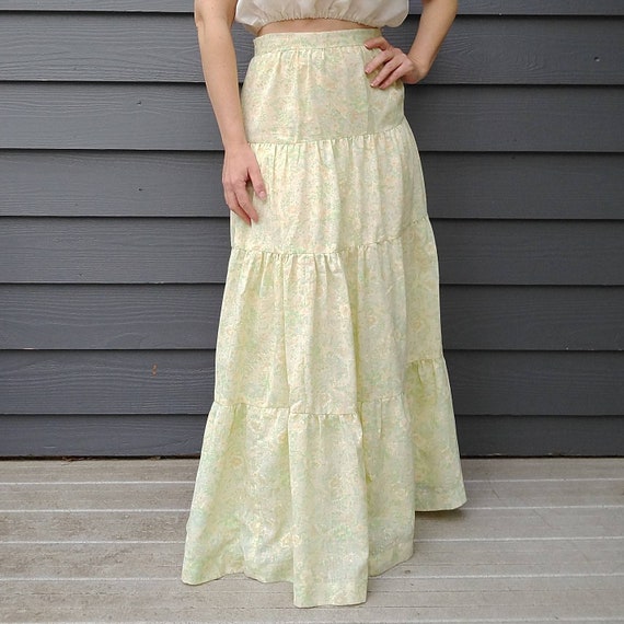 yellow + green TIERED MAXI SKIRT vintage 1970's p… - image 2