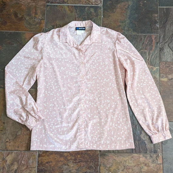 1980's pink SILKY FLORAL BLOUSE 80's S (O3) - image 8