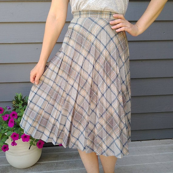 SOFTLY PLEATED plaid SKIRT gray blue tan xs (B6) - image 1