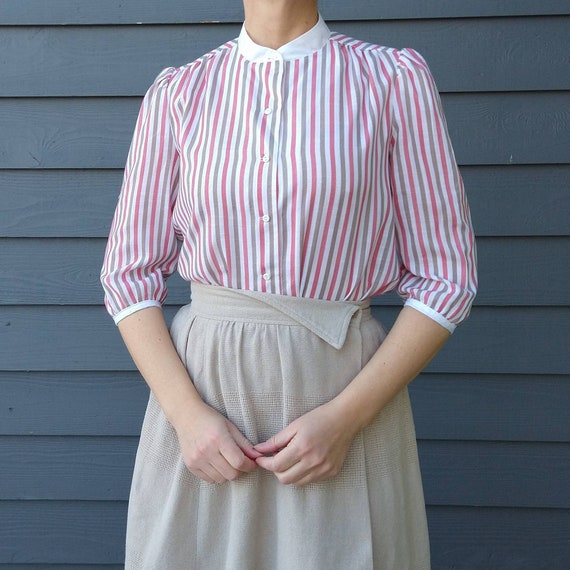 main street 1980's STRIPED VINTAGE BLOUSE pink wh… - image 1