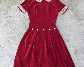 RED VELVET 1940&#39;s 1950&#39;s DRESS dropped waist xs (O11)