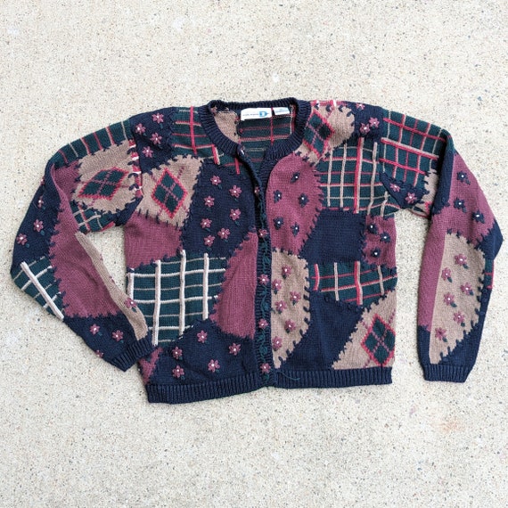 PATCHWORK style CARDIGAN SWEATER 1980's 1990's (D… - image 8