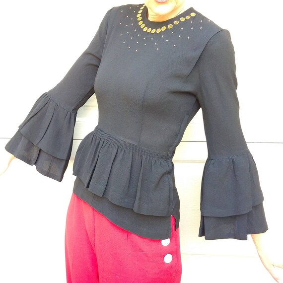 1940's STUDDED PEPLUM BLOUSE 40's black xs (N1) - image 4