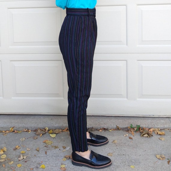 1980's HIGH WAISTED PANTS striped rayon with belt… - image 3