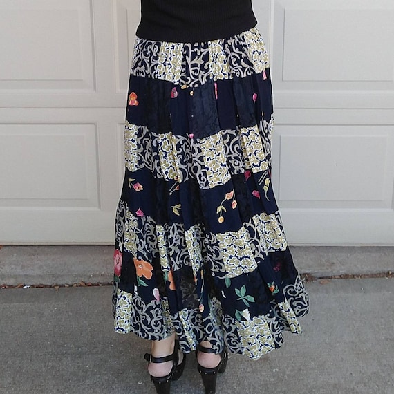 1990's PATCHWORK MAXI SKIRT 90's S (A2) - image 4