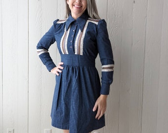 DARK CHAMBRAY DRESS 1970's mini S M (E6)