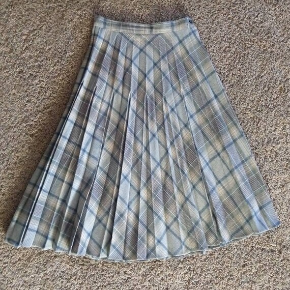 SOFTLY PLEATED plaid SKIRT gray blue tan xs (B6) - image 7