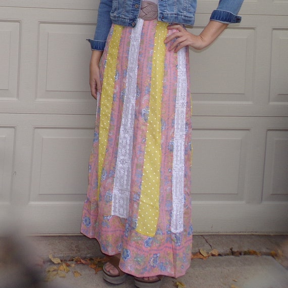 boho PATCHWORK MAXI SKIRT 1970s 70s M - image 5