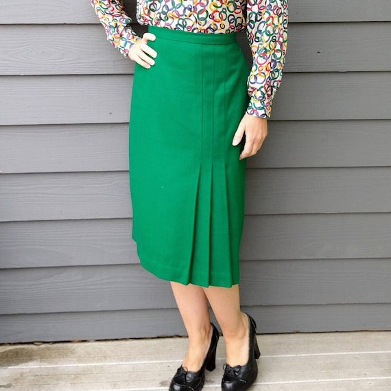 GREEN WOOL midi SKIRT 1970's 1980's M (D11)