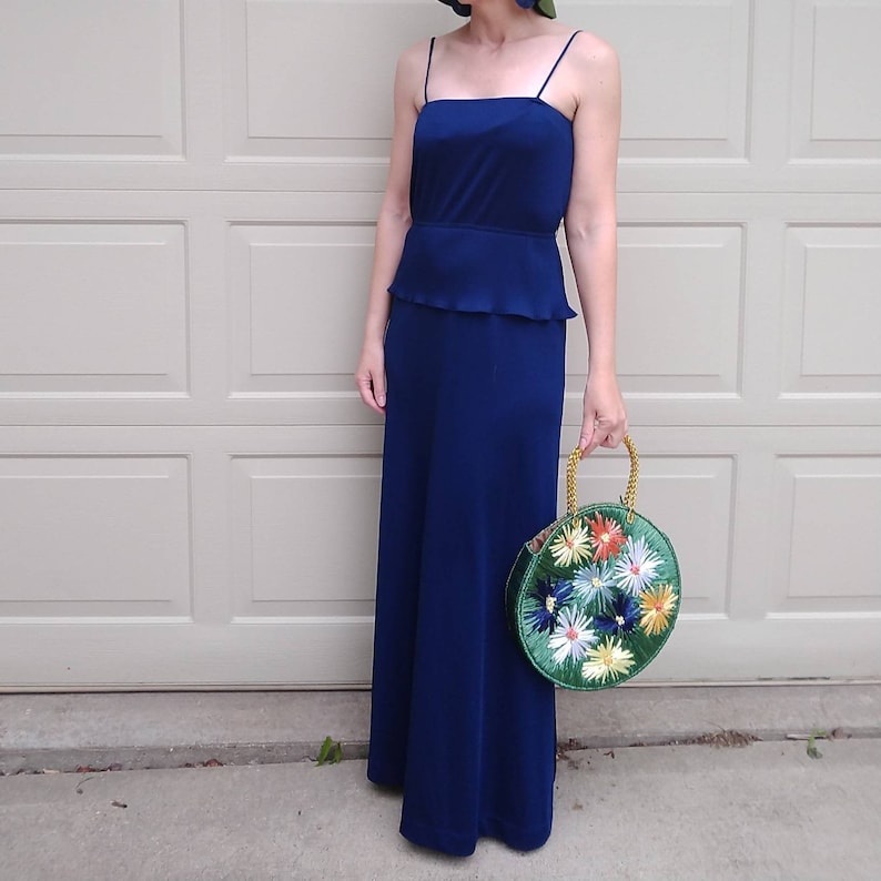 F4 1970s NAVY MAXI DRESS spaghetti strap disco 70s S