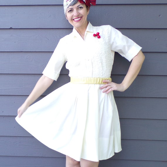 IVORY SHIRT DRESS norman wiatt 1950's 50's S M (G6