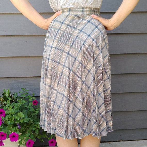 SOFTLY PLEATED plaid SKIRT gray blue tan xs (B6) - image 6