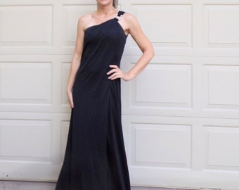 1970's DISCO GLAM GOWN 70's one shoulder black maxi dress S (J3)