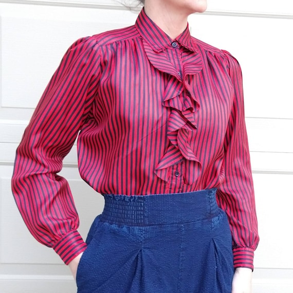 STRIPED RUFFLE BLOUSE vintage 1980's 80's S (E6) - image 4