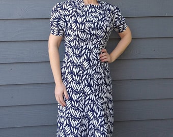 SILKY 1940's DRESS navy ivory wheat print 1930's M (F6)