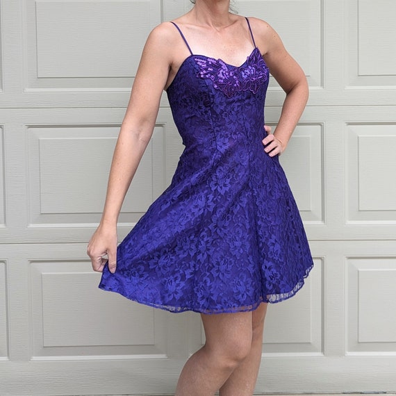 PURPLE PARTY DRESS fit n flare mini 1980's S (O3) - image 4