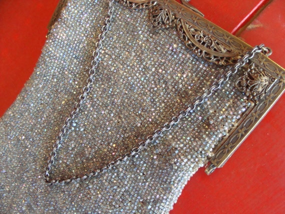 iridescent BLUE BEADED BAG 1920's flapper 20's gat