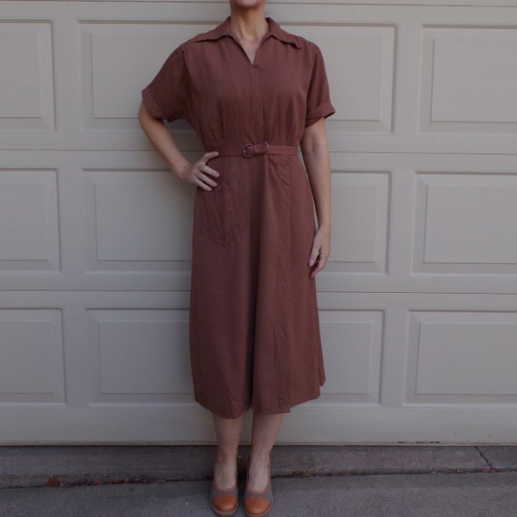 manford UTILITARIAN DAY DRESS brown 1940's 40's wo