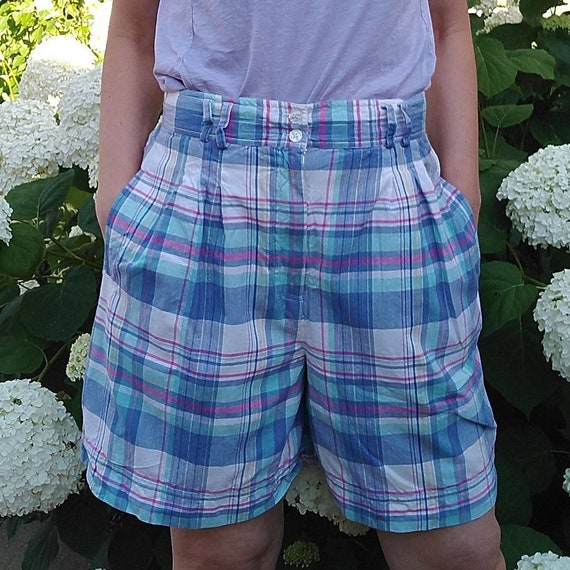 vtg 80s 90s Southern Classics Colorful Madras Plaid High Waist Shorts Zanzibar L