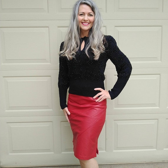 red LEATHER PENCIL SKIRT 1980s 80s mexico S (F4)