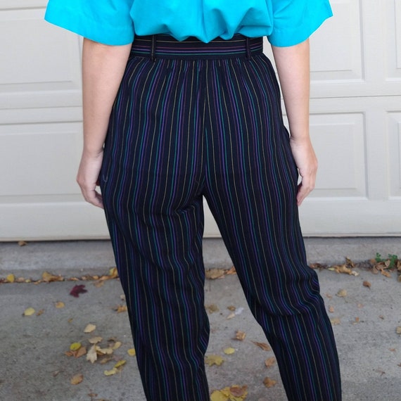 1980's HIGH WAISTED PANTS striped rayon with belt… - image 5