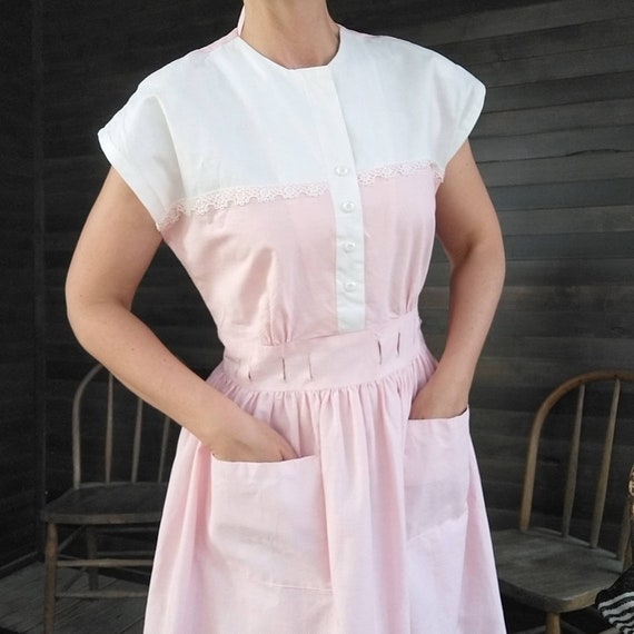 PINK COTTON PIQUE 1950's 50's dress S M (F6) - image 2