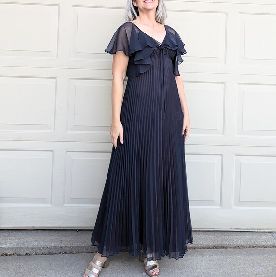 NAVY MAXI DRESS pleated chiffon S (01) - image 7