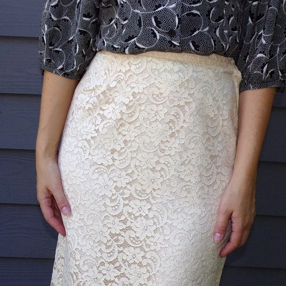 IVORY LACE PENCIL skirt vintage 1960's 1950's S (… - image 5