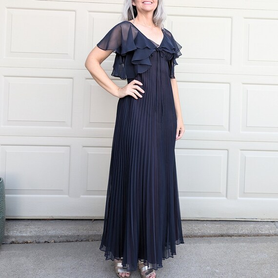 NAVY MAXI DRESS pleated chiffon S (01) - image 1