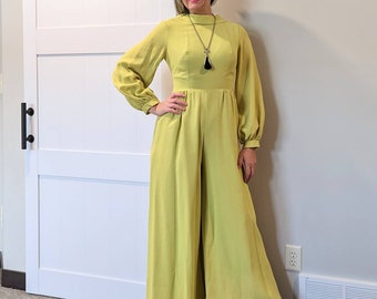 CHARTREUSE wide leg JUMPSUIT 1970&#39;s 70&#39;s S (E10)