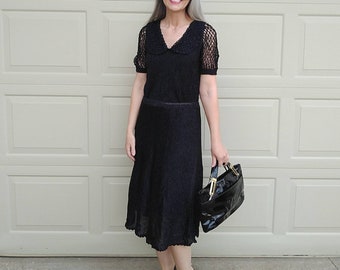 SHEER BLACK KNIT skirt and peter pan collar top sweater M (D3)