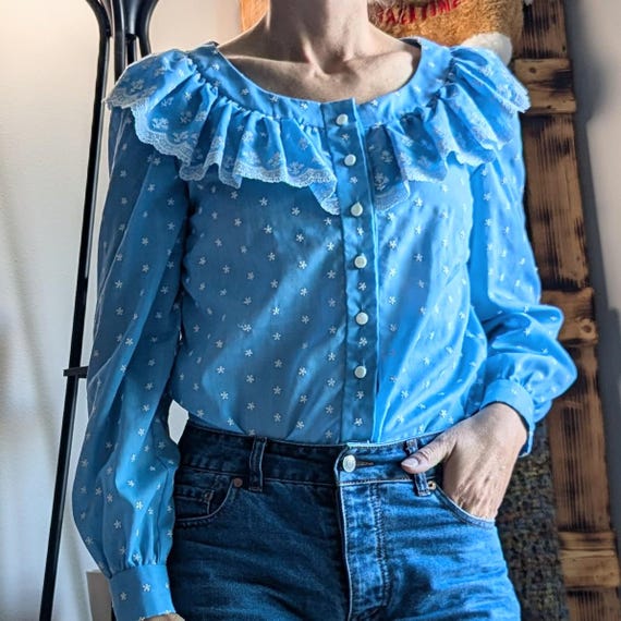 Vintage Pierre Balmain Black Ruffle Blouse, Embroidered Cottagecore Top M
