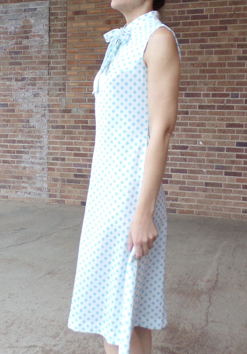 AQUA BLUE polka dot mod DRESS pussy bow neck tie M B1