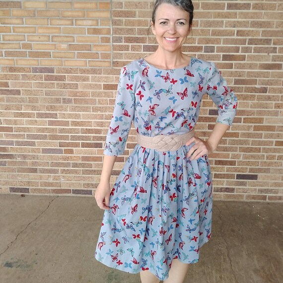 BLUE BUTTERFLY DRESS full skirt cotton 50's 60's 2