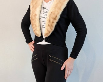 BLACK CASHMERE CARDIGAN sweater with fur collar S (E9)